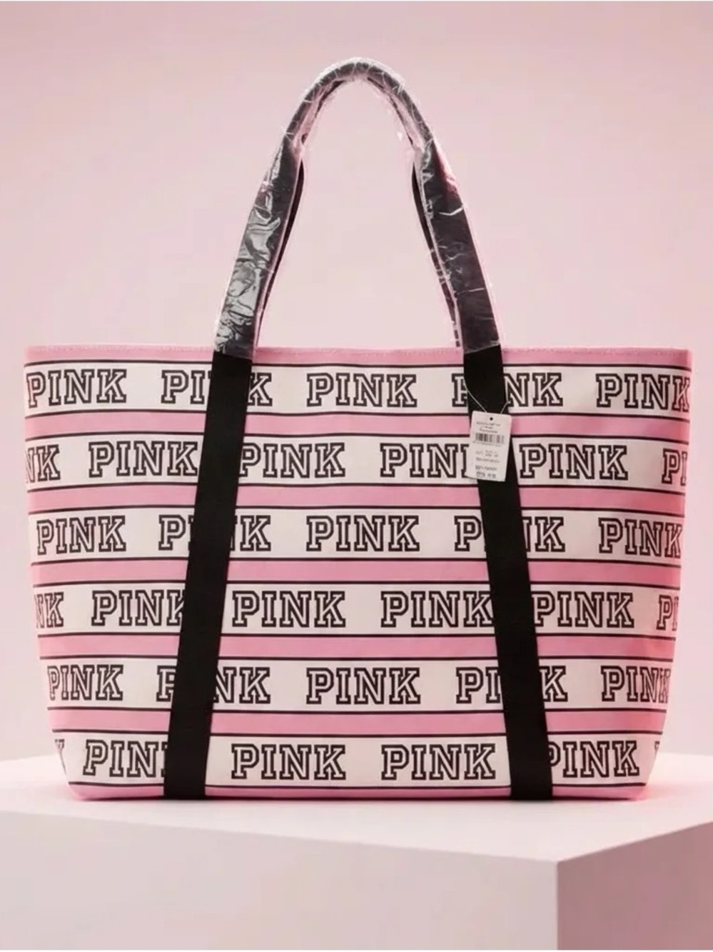 PINK Victoria's Secret Pink and Black Striped Logo Large Tote